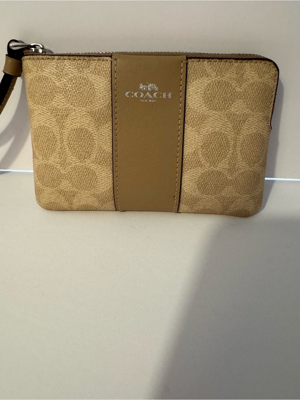Coach Signature Canvas Leather Stripe Wristlet – Khaki Tan